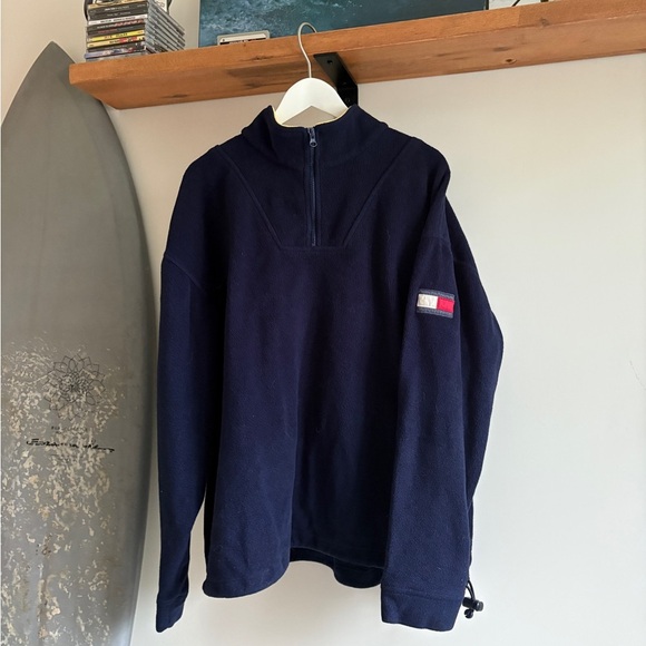 Vintage TOMMY HILFIGHER quarter zip up fleece Backprint embroided XL - Picture 1 of 4